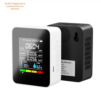 Преносим инфрачервен CO2 детектор с 5-в-1 монитор за качество на въздуха: CO2 400–5000 ppm, формалдехид, TVOC, температура и влажност; модел PG-L58, резолюция 1 ppm.
