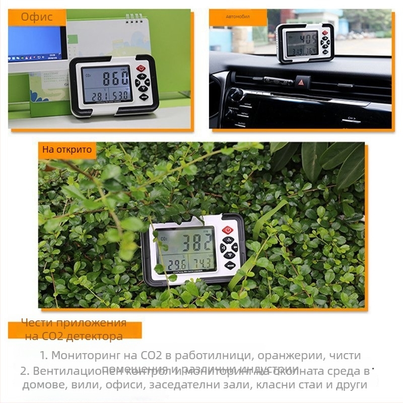 Ht-2000 CO2 детектор за концентрация на въглероден диоксид — обхват 400–9999 ppm, точност ±50 ppm/±5%, захранване: 4 AA батерии или USB, модел Ht-2000