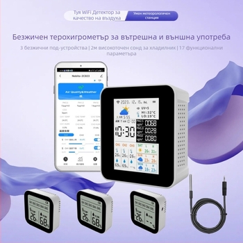 NOBITOR 2CO23 WiFi въздухомер със метеорологична станция за вътрешно и външно използване — PM2.5, температура, влажност, диапазон 0-1000