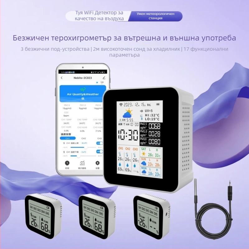 NOBITOR 2CO23 WiFi въздухомер със метеорологична станция за вътрешно и външно използване — PM2.5, температура, влажност, диапазон 0-1000