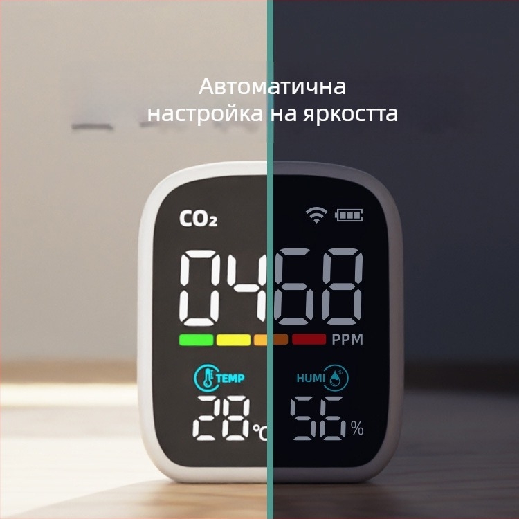 Инфрачервен CO2 детектор с измерване на температура и влажност, диапазон 400–5000 ppm, точност 1 ppm, резолюция 1 ppm, захранване 3.7V, модел Pv28aw