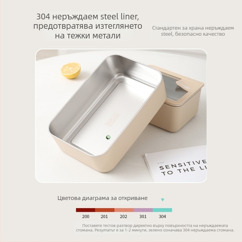304 неръждаема стомана ланч бокс с капак от стъкло, правоъгълен, подходящ за микровълнова печка, уплътнен и без проливане, капацитет 0,5–3 л