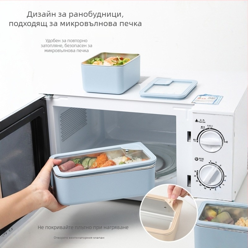 304 неръждаема стомана ланч бокс с капак от стъкло, правоъгълен, подходящ за микровълнова печка, уплътнен и без проливане, капацитет 0,5–3 л