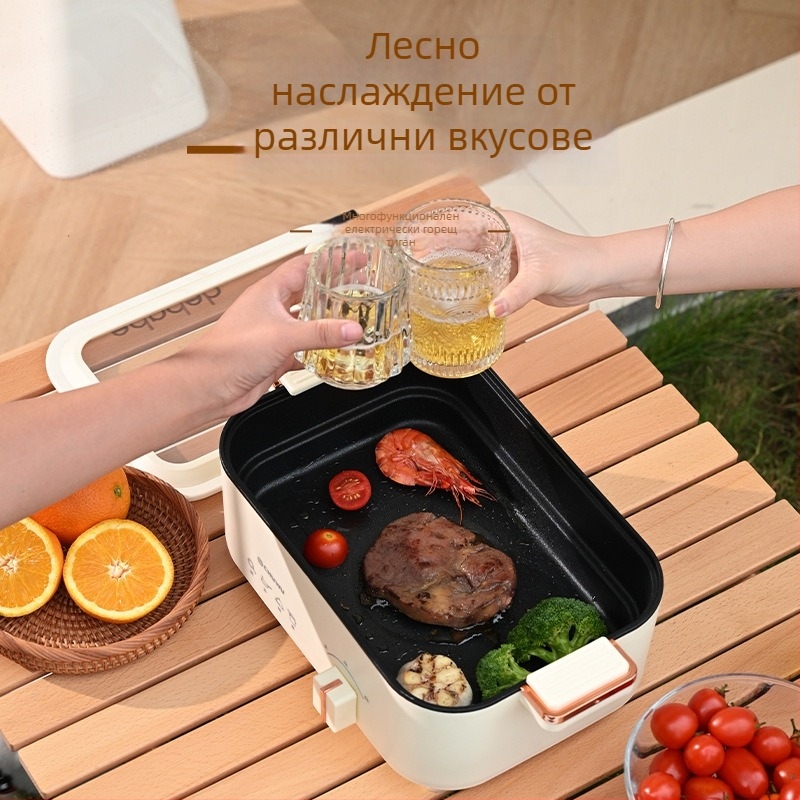 Електрически горещ съд, 5 л капацитет, мултифункционална готварска тава за 3–4 души, 801–1000 W, вътрешен съд с хранително незалепващо покритие, регулиране на температурата, управление с копче