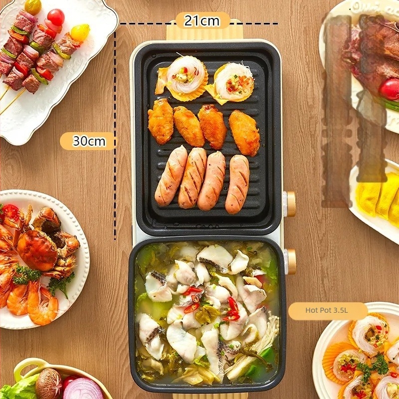 Всичко-в-едно електрически горещ съд и грил за дома, 1200–1500 W, дълбочина на вътрешния съд 7 см, тефлонова вътрешна тава, за 3–4 души