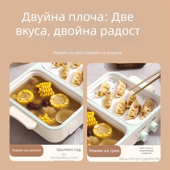 Електрическа готварска тенджера, всичко в едно — грил и пара, капацитет ≤2 л, вътрешен съд от неръждаема стомана, управление с копче