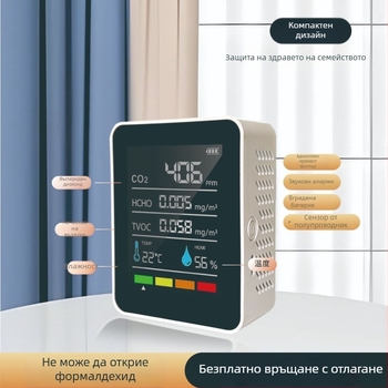 MT05 5-в-1 детектор за формалдехид и мониторинг на качеството на въздуха в дома — измерва температура, влажност, CO2 и формалдехид, обхват на измерване 400–5000 ppm, точност 10 ppm, захранване Type-C