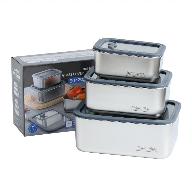 304 неръждаема стомана контейнер за храна с прозрачен стъклен капак, запечатана правоъгълна кутия за обяд, хранителен клас, капацитет 1–4 л, за нудели и кнедли