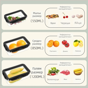 Кутия за обяд с уплътнено съхранение — силиконов хранителен клас; форма: кръгло-правоъгълна; микровълнова съвместимост; капацитет: 301–500 ml / 501–800 ml / 800–1000 ml / 1–2 L