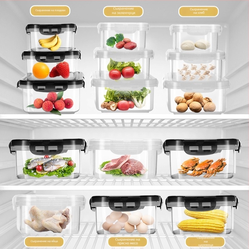 Кутия за обяд с уплътнено съхранение — силиконов хранителен клас; форма: кръгло-правоъгълна; микровълнова съвместимост; капацитет: 301–500 ml / 501–800 ml / 800–1000 ml / 1–2 L