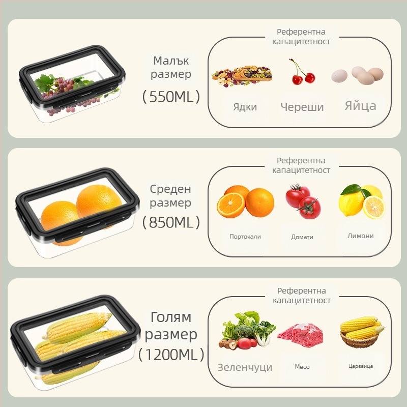 Кутия за обяд с уплътнено съхранение — силиконов хранителен клас; форма: кръгло-правоъгълна; микровълнова съвместимост; капацитет: 301–500 ml / 501–800 ml / 800–1000 ml / 1–2 L