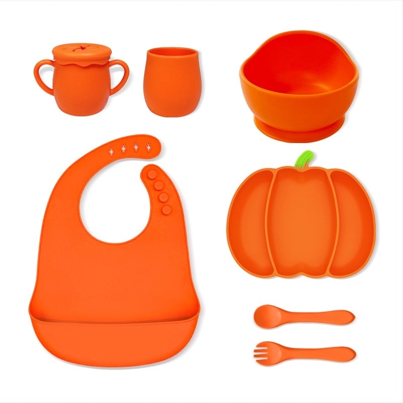 Силиконова тиквена детска чиния, разделена на 3 секции, удароустойчива за бебета над 3 месеца