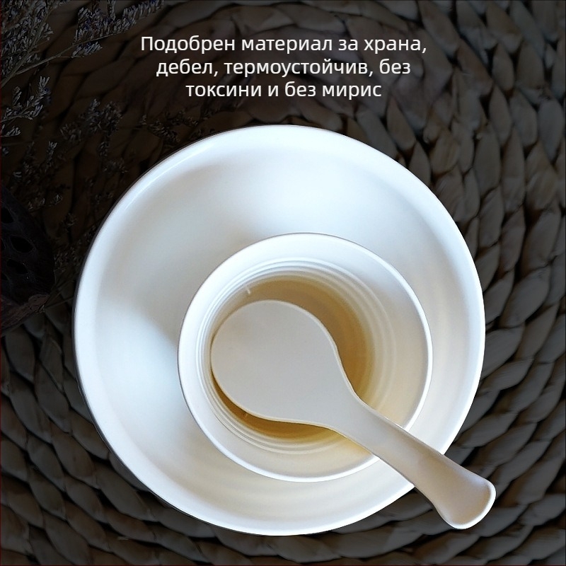 Еднократен комплект съдове от оризова люспа за 10 човека, включва купи, клечки за хранене, чаши и лъжички, биоразградим
