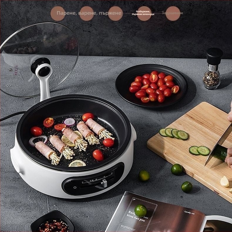 Електрическа мултифункционална тенджера за готвене 4–5 л, 1300 W, вътрешен съд от неръждаема стомана, регулируема температура, функции: пържене, задушаване, горещ пот и teppanyaki