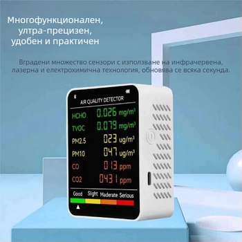 Преносим вътрешен 6-в-1 измервател за качество на въздуха: CO2 400–5000 PPM; HCHO 0–9.999 mg/m³; TVOC; PM2.5; PM10; 1200 mAh USB-C захранване; точност 1 PPM, 0.001 mg/m³, 1 µg/m³.