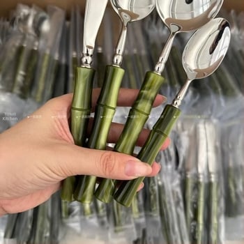 Неръждаема стомана, 5-частен западен комплект прибори: нож за стек, вилка, десертна вилка и лъжичка – висок клас, лек луксозен ретро стил