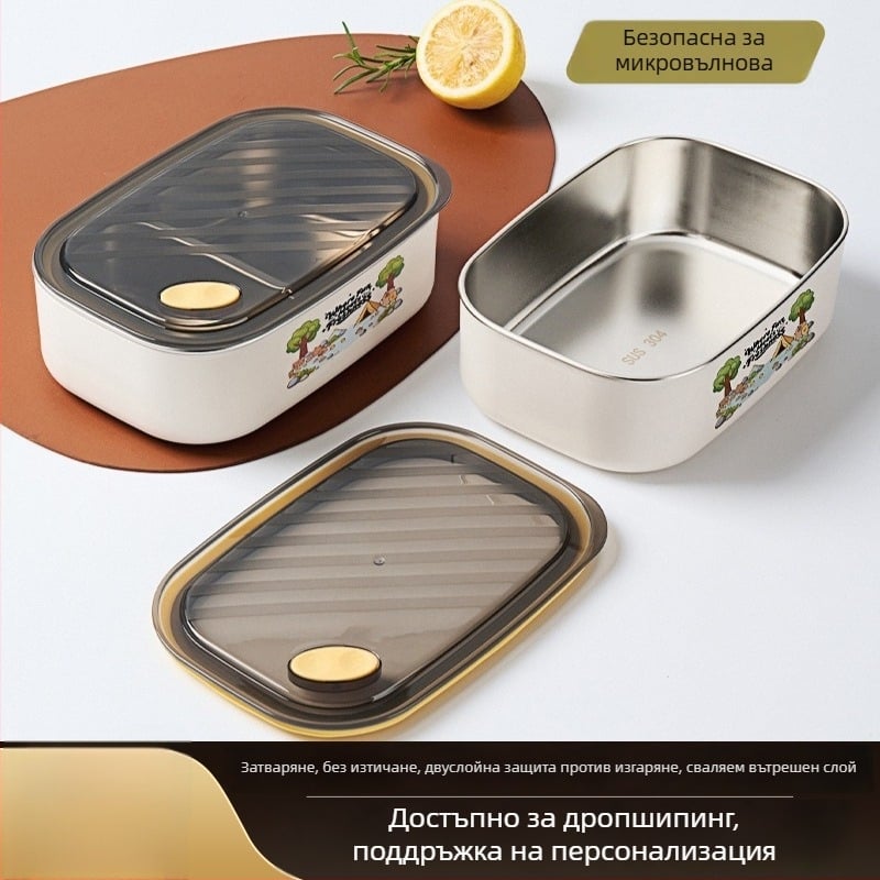 Правоъгълна кутия за обяд от 304 неръждаема стомана, микровълнова безопасна, 1–2 л, непропускаща течности