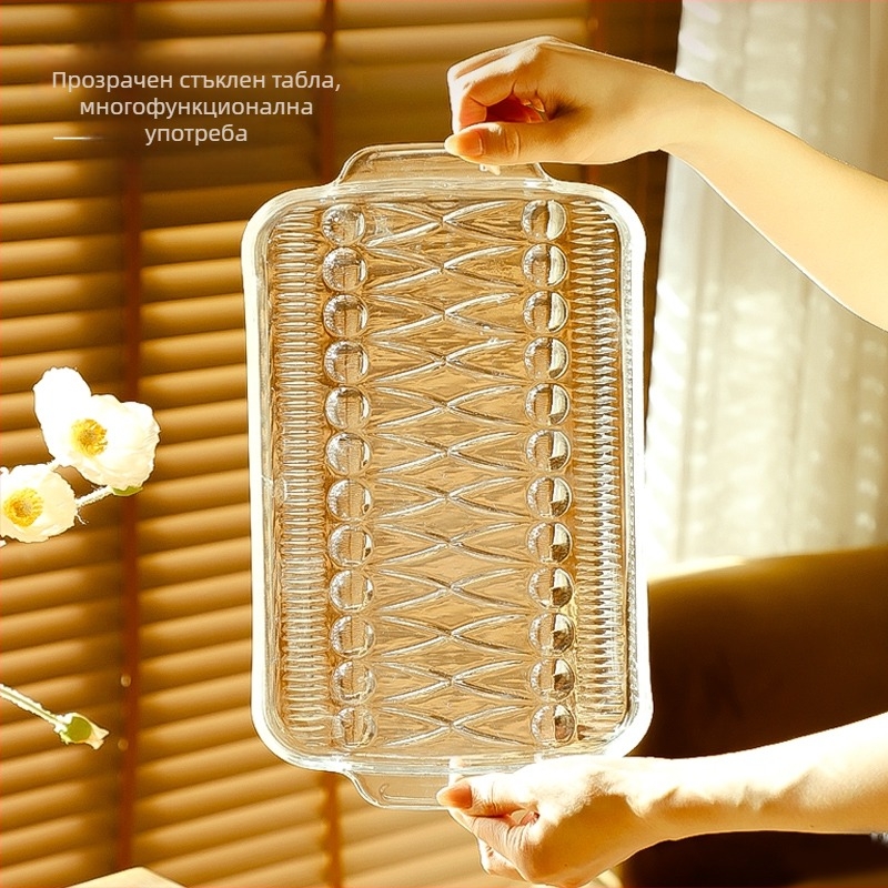 Комплект стъклени чаши с поднос за сервиране и чинии за закуски — прост домашен сет за хранене