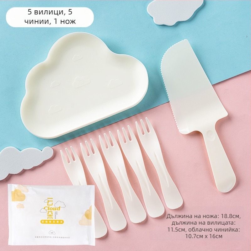 Четири в едно празничен комплект еднократни прибори за рожден ден с кутия за торта, чиния във форма на капка вода и вълнообразна вилица