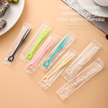 Еднократна плодова вилка от PS пластмаса, индивидуално опакована, 100–200 бр./пакет, безопасна за микровълнова печка, тегло 0,55 g на пръчка