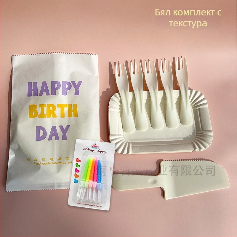 Еднократен пластмасов комплект прибори и поднос за торта (вилица, нож и чиния) – правоъгълна форма – възможност за печат на лого – 300 комплекта в кутия