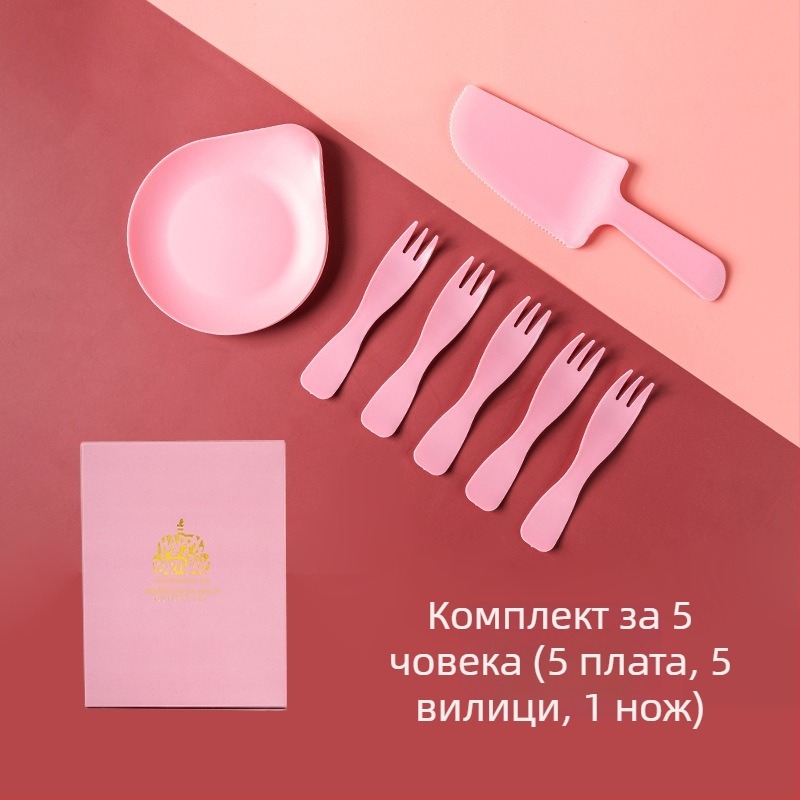 Еднократен комплект съдове за рожден ден за торта — пластмасови нож, вилица и чиния с капков поднос; опаковка 320 кутии; срок на годност 3 години.