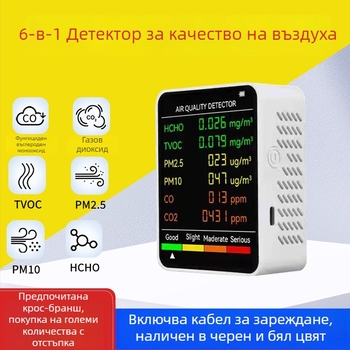 Преносим монитор за качество на въздуха: CO, CO2, формалдехид, TVOC, PM2.5 и PM10; обхват 400–5000 PPM; точност 10 PPM; захранване Type-C