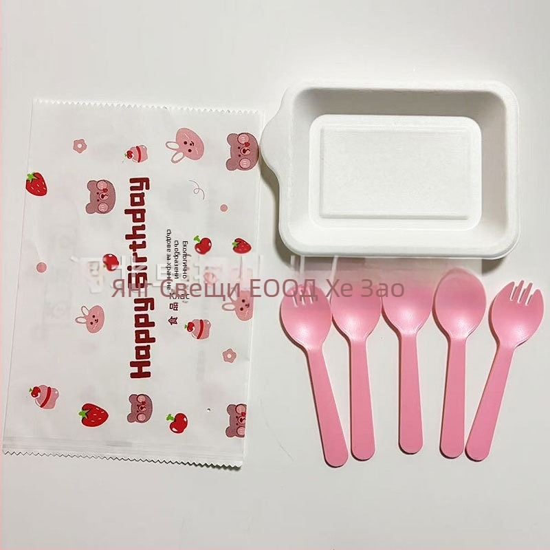 Еднократен комплект нож, вилица и чиния за торта — пластмасов, биоразградим, правоъгълен, с печатно лого, персонализируем