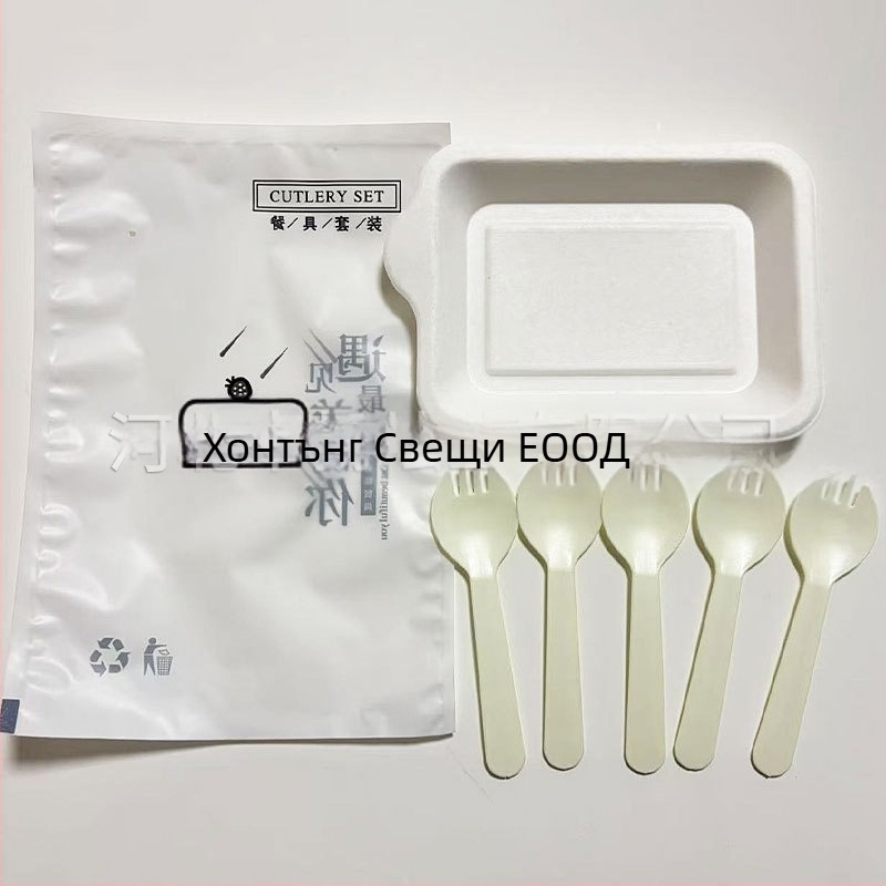 Еднократен комплект нож, вилица и чиния за торта — пластмасов, биоразградим, правоъгълен, с печатно лого, персонализируем