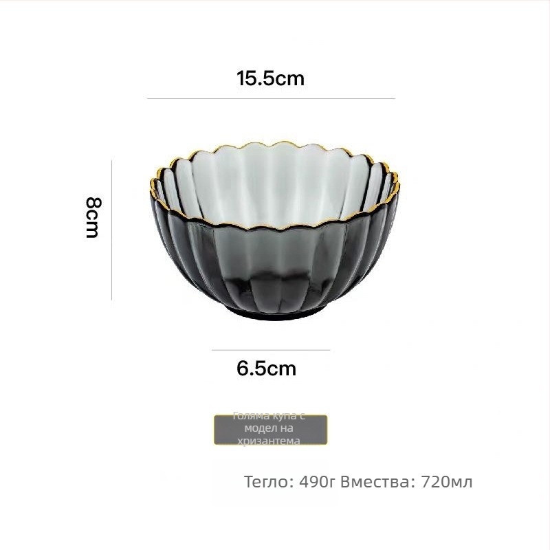 Стъклен комплект чинии и купи с форма на цвете-петал и райест дизайн, включва плодова и десертна чиния, топлоустойчиво стъкло