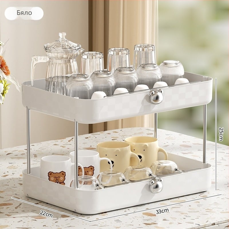 Триетажен настолен пластмасов стелаж за съхранение с дренажна тава за чаши