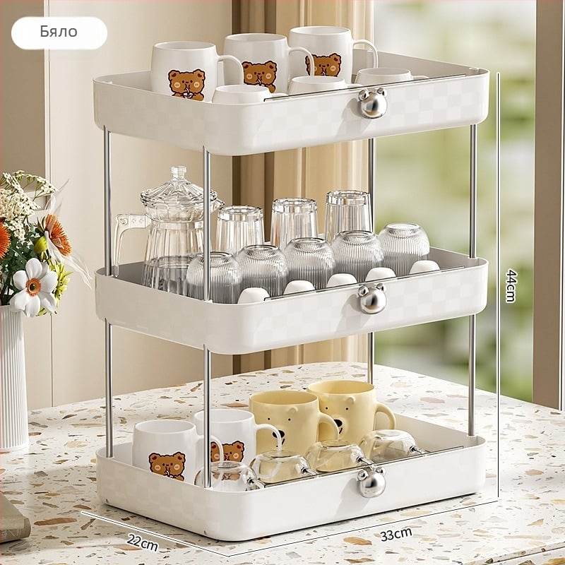 Триетажен настолен пластмасов стелаж за съхранение с дренажна тава за чаши