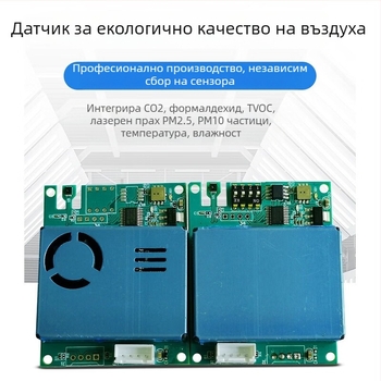 7-в-1 сензорен модул за качество на въздуха: CO2, формалдехид, PM2.5/PM10, TVOC, температура и влажност; RS485/UART интерфейс; електрохимичен сензор