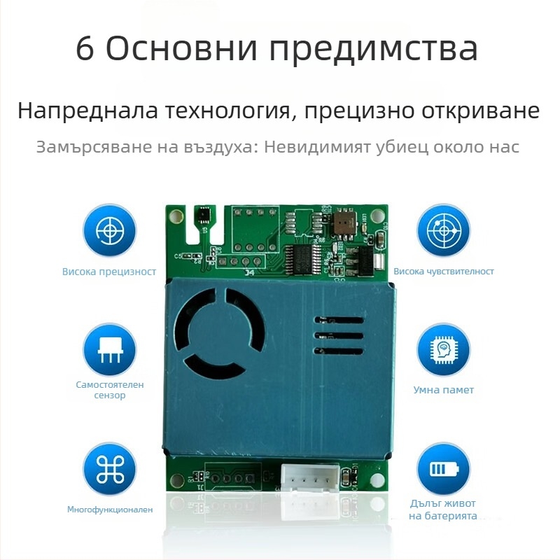 7-в-1 сензорен модул за качество на въздуха: CO2, формалдехид, PM2.5/PM10, TVOC, температура и влажност; RS485/UART интерфейс; електрохимичен сензор