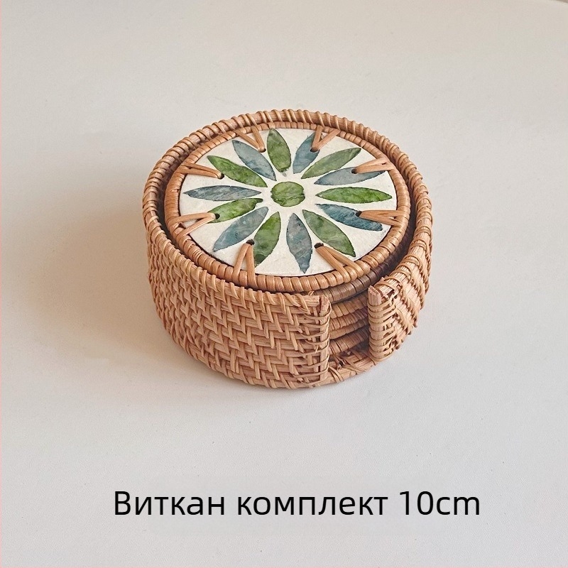 Подложка за чаши за чай — ратан и морски черупки, стил Югоизточна Азия, термоизолация, кръгла или квадратна форма, биоразградима