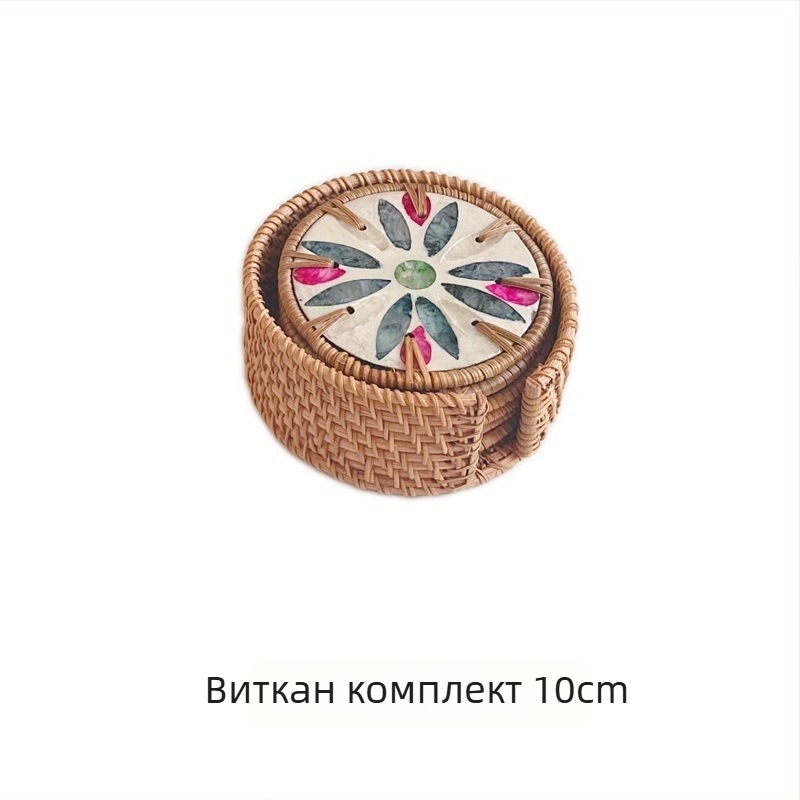 Подложка за чаши за чай — ратан и морски черупки, стил Югоизточна Азия, термоизолация, кръгла или квадратна форма, биоразградима