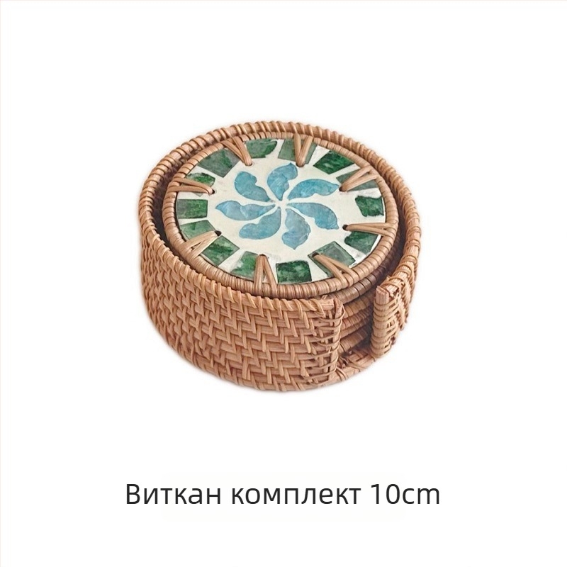 Подложка за чаши за чай — ратан и морски черупки, стил Югоизточна Азия, термоизолация, кръгла или квадратна форма, биоразградима