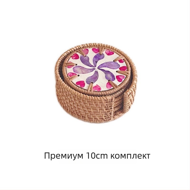 Подложка за чаши за чай — ратан и морски черупки, стил Югоизточна Азия, термоизолация, кръгла или квадратна форма, биоразградима