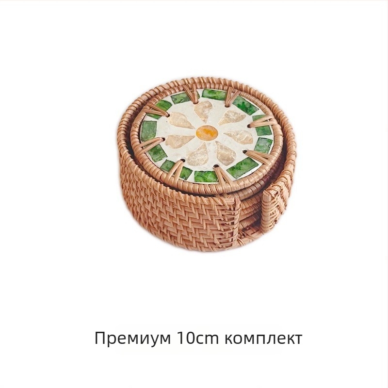 Подложка за чаши за чай — ратан и морски черупки, стил Югоизточна Азия, термоизолация, кръгла или квадратна форма, биоразградима