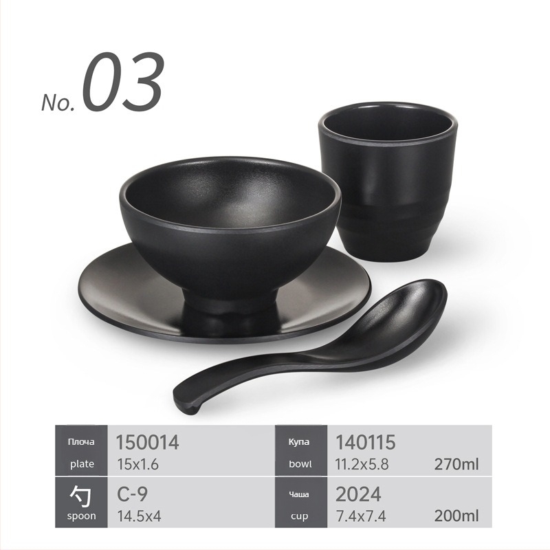 Меламинови съдове – четирикомпонентен комплект за хот-пот ресторанти – удароустойчив, множество шарки, повърхност стикер, печатано лого