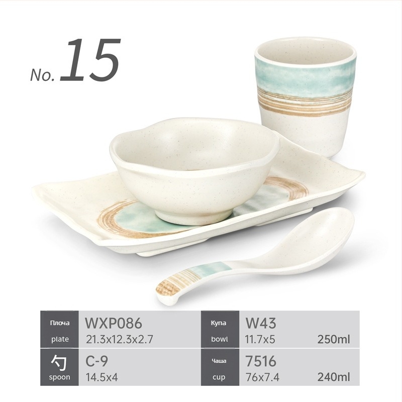 Меламинови съдове – четирикомпонентен комплект за хот-пот ресторанти – удароустойчив, множество шарки, повърхност стикер, печатано лого