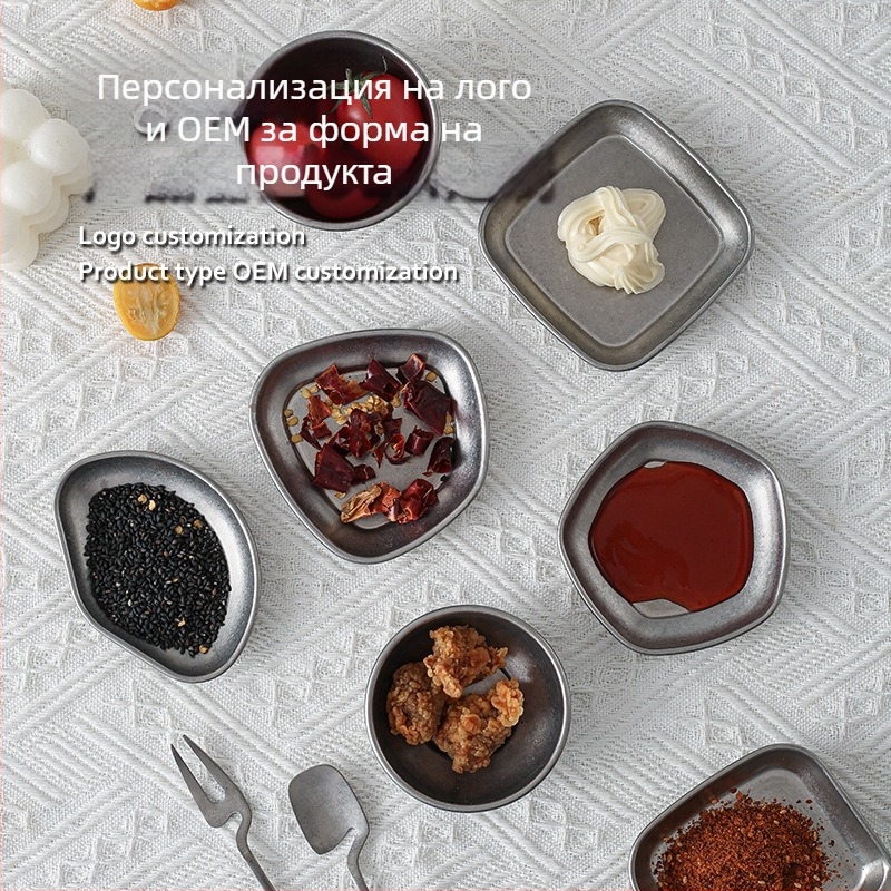 Чиния за сосове от усилена 304 неръждаема стомана – кръгла, ретро стил, снежно сив мотив, подходяща за микровълнова