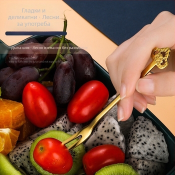 Вилка за плодове с два зъба, неръждаема стомана, модерен стил, мотив цветя, огледално полирана