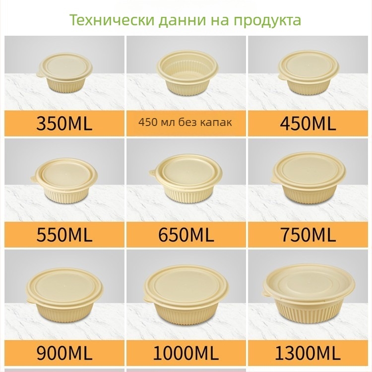 Биоразградима кутия за обяд от царевично нишесте, кръгла, капацитет 450 мл, с подсилен капак