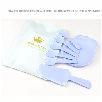 Комплект чинии за торта, еднократни пластмасови прибори с дизайн водни капки, печат на лого, персонализация налична, опаковка 100 бр.