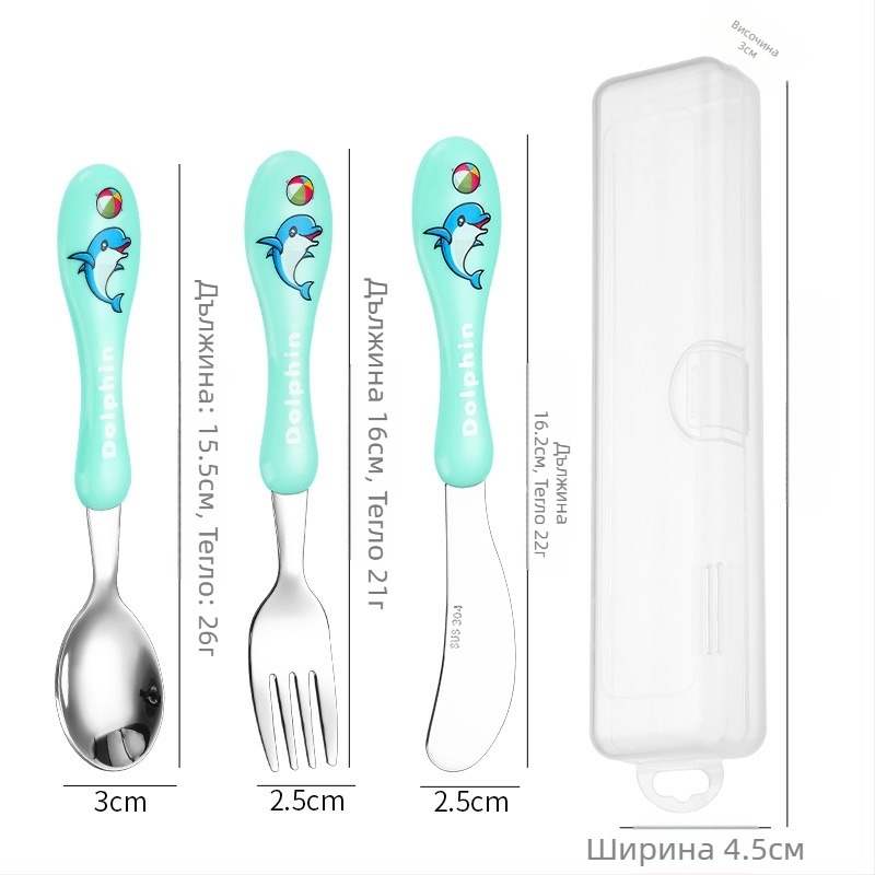 Детски комплект прибори за хранене (нож, вилка, лъжица) от 304 неръждаема стомана, огледално полирани, карикатурен дизайн