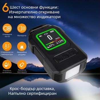 Портативен газов детектор с цифров дисплей — четири в едно: CO, CO2, температура и влажност, аларма, магнитно закрепване