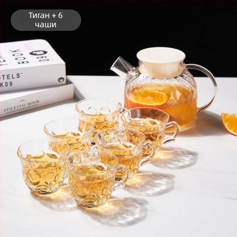 Стъклена кана за вода с филтър и комплект чайник и чаши за чай — модерен стил, филтър, голям капацитет, термоустойчиво стъкло