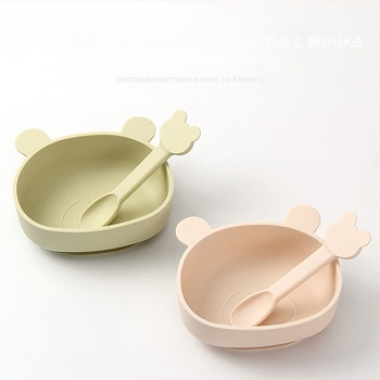 Силиконова бебешка купичка за хранене с комплект вилица и лъжица — кръгла, микровълнова безопасна, за деца