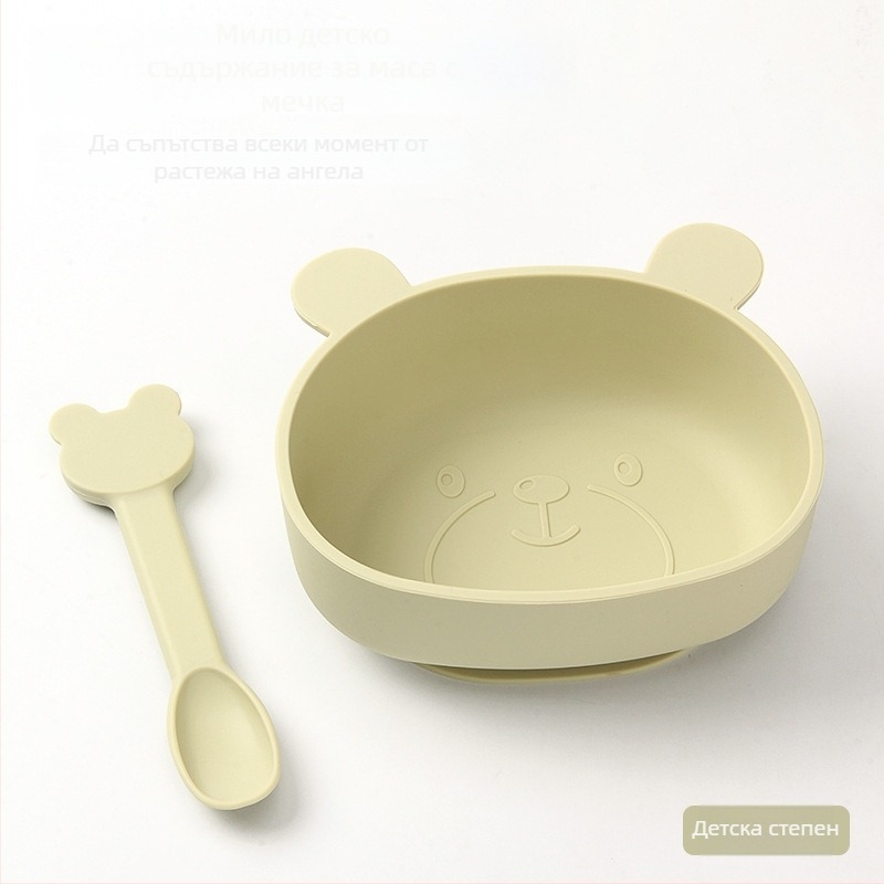 Силиконова бебешка купичка за хранене с комплект вилица и лъжица — кръгла, микровълнова безопасна, за деца